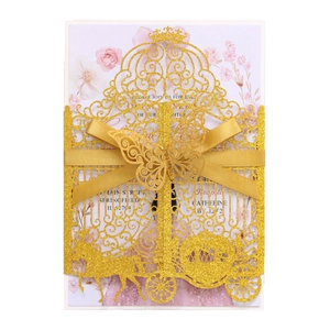 Laser Cut Glitter Wedding Invitations Hollow Pumpkin Carriage Invitation Cards With Ribbon Envelopes For Marriage Anniversary Party