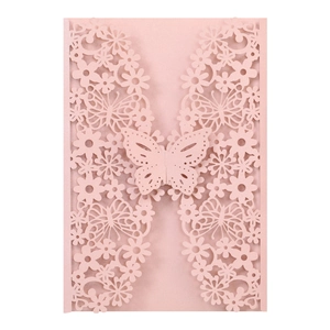 Detailed laser-cut pink butterfly and floral pattern on pearlescent invitation cover