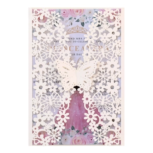 Laser cut butterfly wedding invitation card with pink floral insert and crown detail
