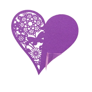 Purple glitter heart-shaped place card with intricate laser-cut butterfly and floral patterns