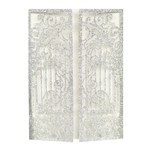 Detailed laser-cut silver glitter wedding invitation with elegant floral hollow patterns