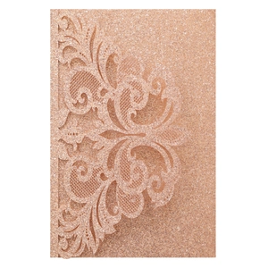Elegant rose gold glitter laser cut lace invitation card with intricate floral patterns