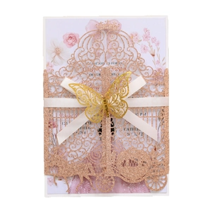 Laser cut glitter wedding invitation with rose gold butterfly and ribbon detail
