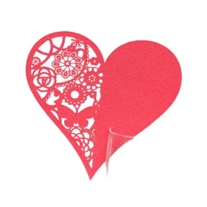 Elegant red heart laser-cut card for wedding wine glass and party table placement decor