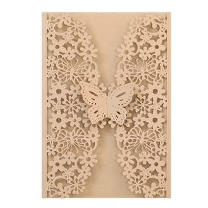 Laser-cut champagne gold wedding invitation cover with elegant hollow butterfly and floral design