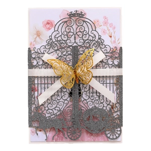 Grey glitter laser cut wedding invitation with hollow butterfly and satin ribbon bow