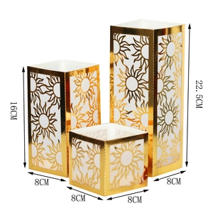 Three gold hollow sun pattern paper lanterns in different sizes with dimension labels