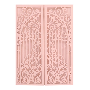 Detailed laser-cut floral gate design on a light pink wedding invitation card cover