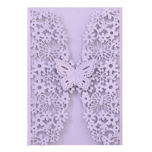 Elegant lavender laser-cut wedding invitation cover with intricate butterfly floral patterns