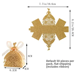 Détails de boîte à bonbons découpée au laser pailletée or en forme de robe princesse