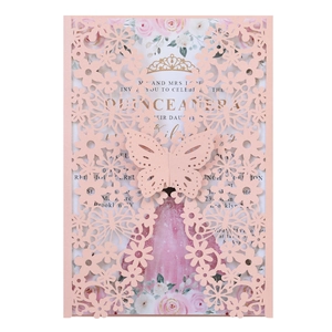 Detailed laser-cut floral wedding invitation with pink 3D butterfly buckle and insert card