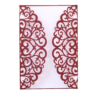 Elegant laser-cut red wedding invitation card with intricate hollow scroll patterns