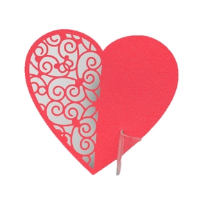Laser-cut red heart place card with intricate vine patterns and clear stand for parties