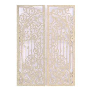 Detailed laser-cut gold glitter invitation cover with elegant镂空scroll patterns