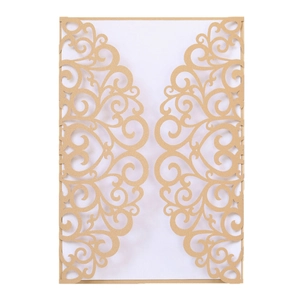 Elegant champagne gold laser-cut wedding invitation cover with intricate floral patterns