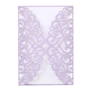 Lavender laser cut wedding invitation card featuring heart and floral scroll patterns
