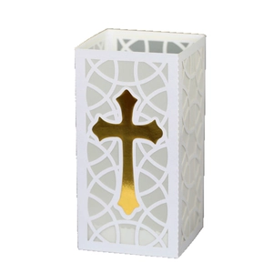 Laser-cut white paper candle lantern with gold cross for religious celebrations