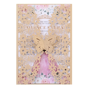 Detailed laser-cut gold butterfly closure for elegant Quinceañera party invitation cards