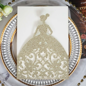 Golden glitter laser-cut wedding invitation featuring elegant girl silhouette on porcelain