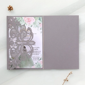 Elegant laser-cut trifold wedding invitation with gray pearlescent finish and floral card