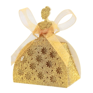 Boîte à bonbons de mariage dorée à paillettes avec silhouette de fille élégante et nœud