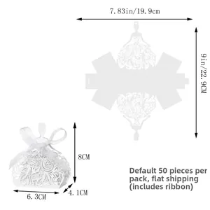 White laser cut princess dress candy box with ribbon showing flat and assembled dimensions