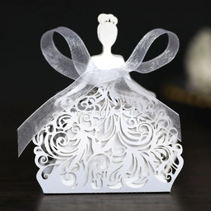 Elegant white laser-cut wedding favor box with gown design and silver organza ribbon bow