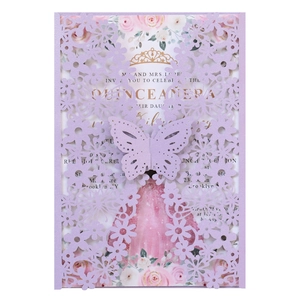 Lavender laser-cut wedding invitation with hollow floral pattern and 3D butterfly clasp