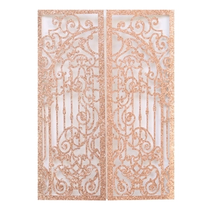 Rose gold glitter laser-cut invitation card with intricate European scroll patterns
