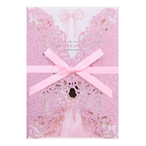 Invitation Quinceañera rose pailletée découpée au laser avec ruban et motif ajouré