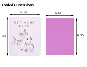 Laser-cut butterfly greeting card detail showing dimensions 5.7x7cm and 5.5x6.3cm sizes