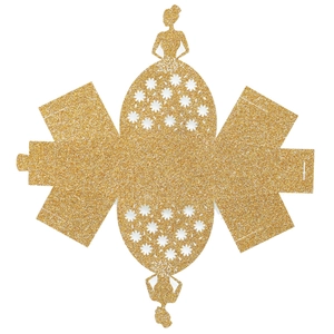 Boîte à bonbons dorée à paillettes en forme de robe avec motifs évidés découpés au laser