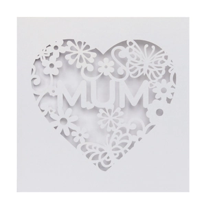 Laser cut white greeting card with MUM heart pattern and hollow butterfly for Mother Day