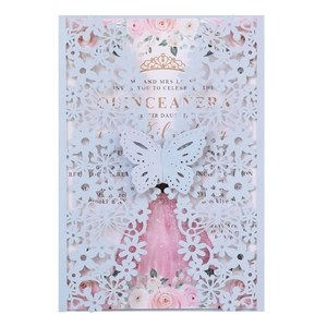 Detailed laser-cut blue glitter invitation cover with elegant butterfly and floral patterns