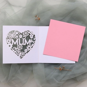 Detail of laser-cut MUM greeting card with hollow butterfly patterns and pink insert