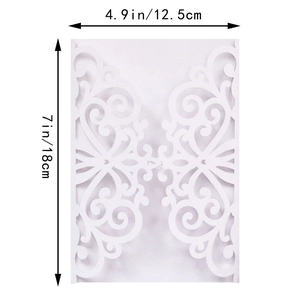 Detail of laser cut scroll pattern wedding invitation sleeve with 5x7 inch dimensions