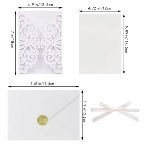 Detail of laser-cut butterfly invitation set with gold seal and ribbon dimensions
