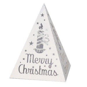 White minimalist Christmas pyramid night light with Merry Christmas hollow out pattern