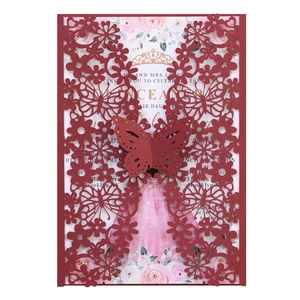 Elegant red laser-cut hollow butterfly invitation card for Quinceanera party