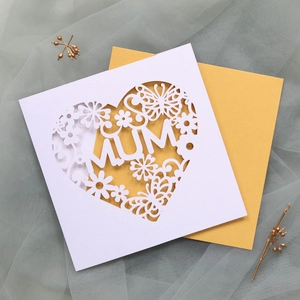 Detailed laser-cut MUM greeting card with heart floral patterns and golden envelope