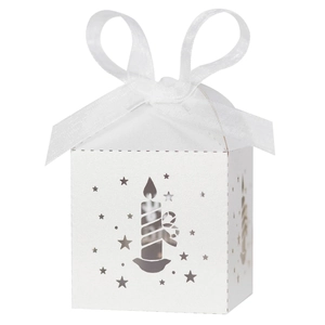 White laser cut Christmas gift box with star patterns and a satin ribbon bow
