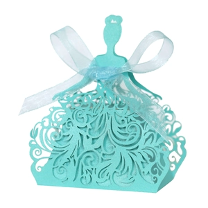Detailed laser-cut Tiffany blue princess dress gift box with white ribbon bow