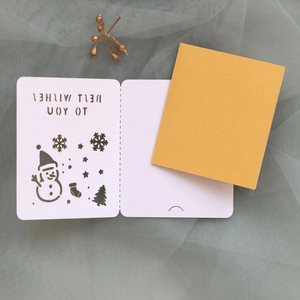 Detail of laser-cut Christmas card with snowman motifs and Best Wishes text