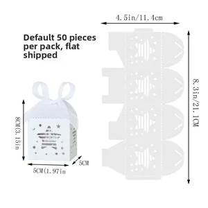 Flat template and assembled white star cutout gift box with dimensions and bow detail