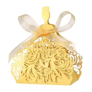 Detailed laser-cut princess dress candy box in glitter gold with organza ribbon