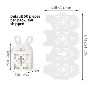 Detailed size chart showing laser cut white cross favor box dimensions 5x5x8cm