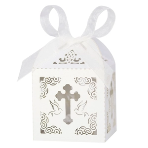 Laser cut white paper gift box with cross and dove patterns for wedding favors