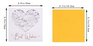 Detailed view of laser-cut butterfly heart card with size specs and Best Wishes text