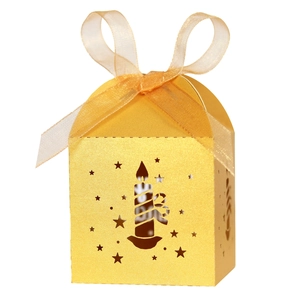 Golden laser cut star candy box with organza ribbon for Christmas gift packaging