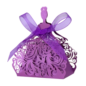 Purple laser-cut princess dress favor box with ribbon bow and intricate floral patterns